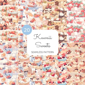 Kawaii Muster Anime Nahtloses Muster Kuchen Kätzchen Digitales Papier Anime Erdbeere Druckbares Kawaii Digitales Papier Kommerzielle Nutzung