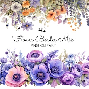 42 Flower Border Mix Clipart Floral Border Clipart Watercolor and Marker Wildflower Border Flower Field Clip Art PNG Commercial Use