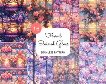 Floral Stained Glass Seamless Pattern: Sunset Digital Paper (PNG)