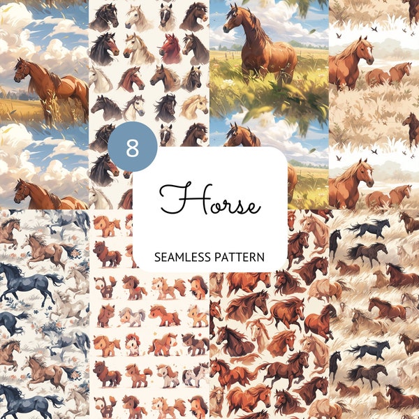 Horse Seamless Pattern Steed Digital Paper Scrapbooking Card Making Nursery Decor Pony Animal Background PNG Sublimation Commercial Use