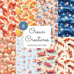 Ocean Creatures Seamless Pattern: Crab, Lobster, Shrimp (PNG Digital Paper)