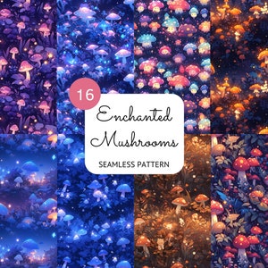 May include: A digital illustration of 16 seamless patterns featuring glowing mushrooms in various colors and styles. The patterns are arranged in a grid with the text "16 Enchanted Mushrooms Seamless Pattern" in the center.