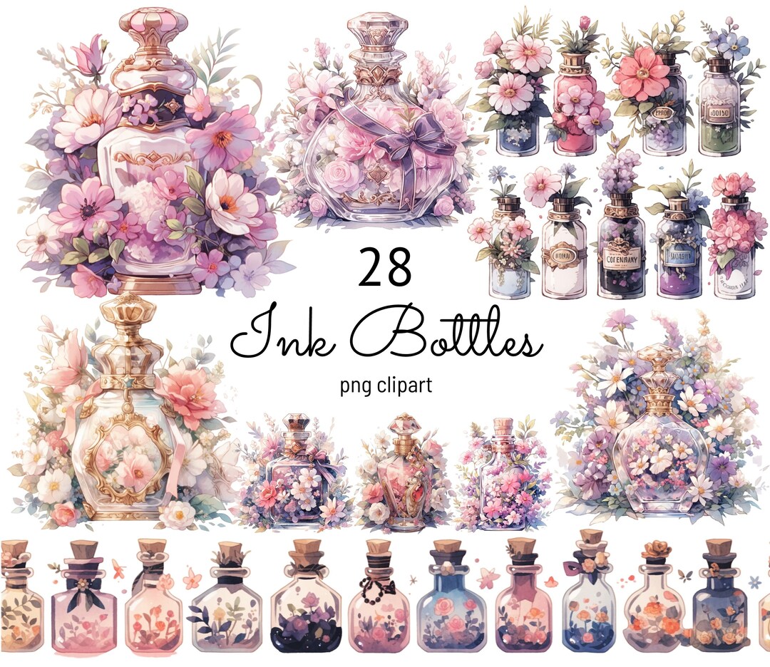 Ink Bottle Clipart Vintage Perfume Bottle Clip Art Watercolor Floral ...