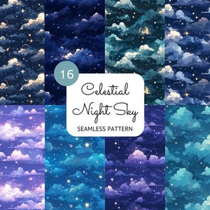 Hemelse nachtelijke hemel naadloos patroon Galaxy sterren ruimte digitaal papier wolken vallende ster aquarel scrapbooking papier PNG commercieel gebruik