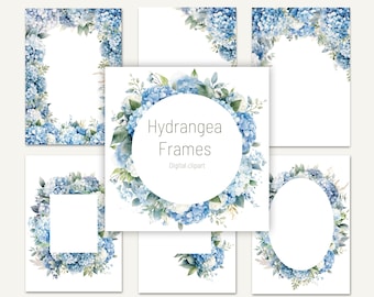 Blue Hydrangea Floral Frame Clipart: Wedding Invitation Graphics (Digital Download)