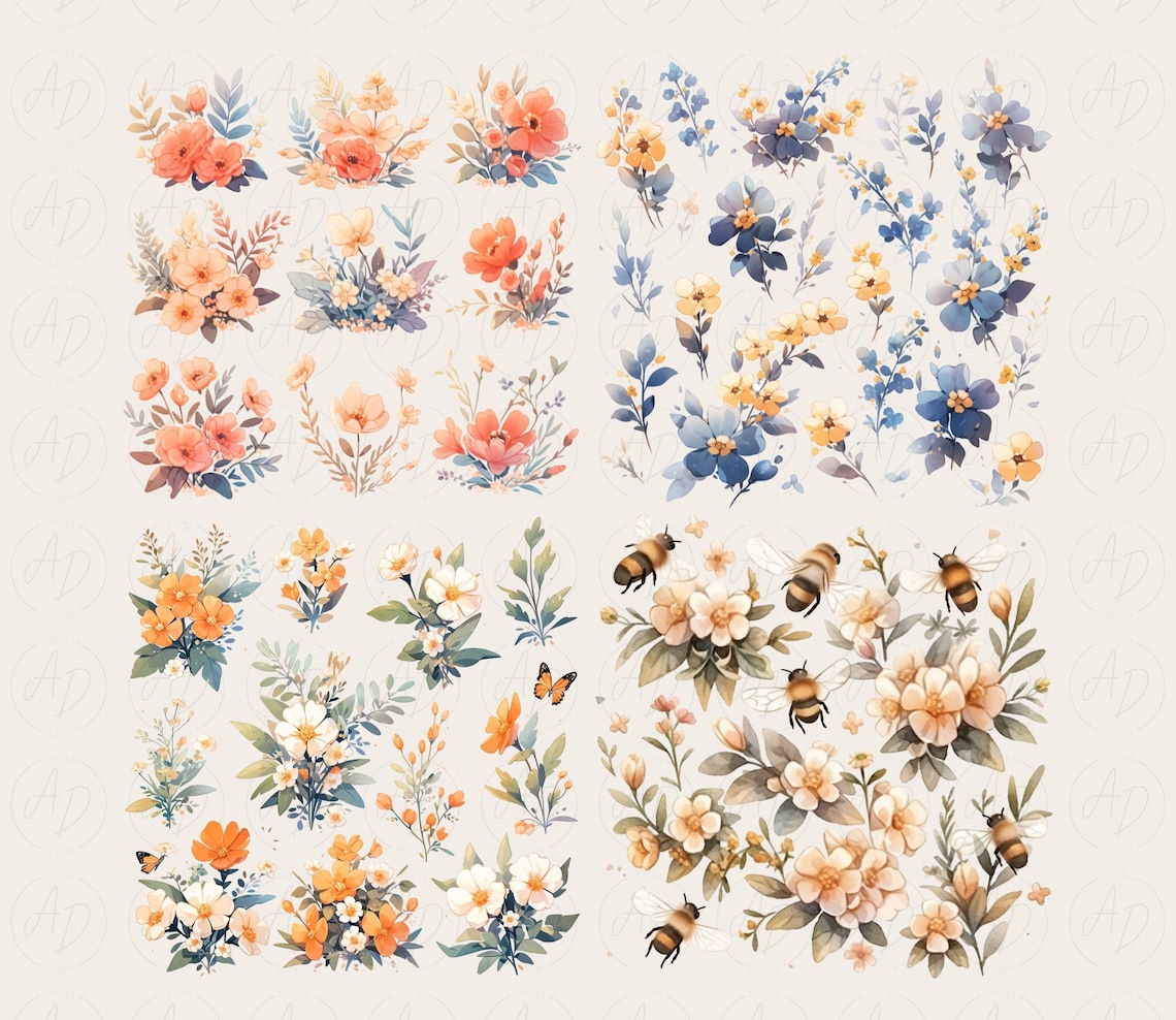 Honey Bee Clipart Honeycomb Clip Art Wildflower Wreath Floral - Etsy