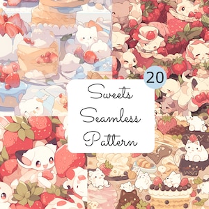 Kawaii Pattern Anime Seamless Pattern Cake Kitten Digital Paper Anime Strawberry Printable Kawaii Digital Paper Commercial Use
