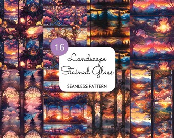 Floral Sunset Stained Glass Pattern: Landscape Digital Paper (PNG)