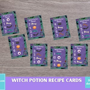 Cartões de receitas de poções de bruxa, cartões imprimíveis de caixa sensorial, imprimíveis de Halloween, imprimíveis para pré-escola, atividade matemática de outono, recursos para educação domiciliar