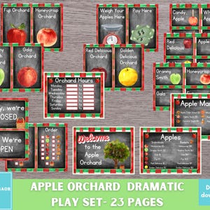 May include: A set of 23 printable pages for an apple orchard dramatic play set. The pages feature chalkboard-style signs with watercolor illustrations of apples, apple cider, and apple pie. The signs include titles like "Fuji Orchard", "Gala Orchard", "Red Delicious Orchard", "Apple Market", "Orchard Hours", "Welcome to the Apple Orchard", and "Apples".