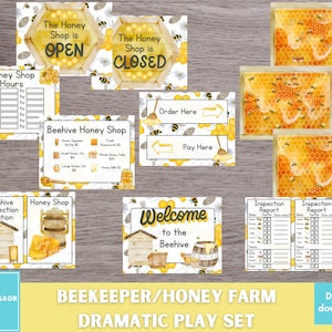 May include: A printable beekeeper and honey farm dramatic play set with signs for a honey shop, beehive inspection station, and welcome sign. The set includes signs for open and closed, order here, pay here, and inspection reports. The signs feature a watercolor style with bees, honeycombs, and flowers.