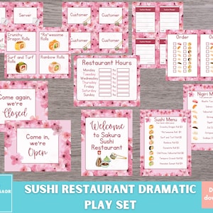 May include: A printable sushi restaurant play set with pink cherry blossom backgrounds. The set includes signs for "Sushi Chef", "Crunchy Dragon Rolls", "Ra"wesome Rolls", "Surf and Turf Rolls", "Rainbow Rolls", "Server", "Customer", "Come Again, We're Closed", "Come In, We're Open", "Restaurant Hours", "Welcome to Sakura Sushi Restaurant", "Sushi Menu", "Nigiri Menu", and "Order".
