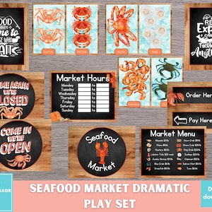 Peut inclure: Un ensemble de pancartes d'ardoise imprimables pour un marché de fruits de mer. Les pancartes présentent diverses illustrations de fruits de mer, notamment des crabes, des crevettes et des homards. Les pancartes comprennent des phrases comme "Les bonnes choses arrivent à ceux qui appâtent", "Revenez, nous sommes fermés", "Entrez, nous sommes ouverts", "Horaires du marché", "Commander ici", "Payer ici", "Menu du marché" et "Marché de fruits de mer".