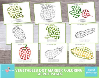 May include: A collection of printable vegetable dot art pages. Each page features a different vegetable outline, such as an artichoke, pumpkin, carrot, broccoli, radish, zucchini, bell pepper, eggplant, and corn, with dot markers for coloring. The text reads "Vegetables Dot Marker Coloring - 30 PDF Pages."