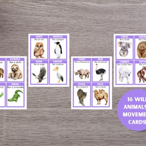 May include: 16 colorful cards featuring different wild animals with a movement verb and description.  For example, "Hoot like an owl" with an illustration of an owl.  The cards are on a purple wooden background.  16 Wild Animals II Movement Cards.