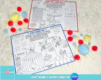 Editable Carnival Party Placemat, Circus Birthday Party Coloring Page, County Fair Activity Mat, Printable Kids Carnival Party Favor