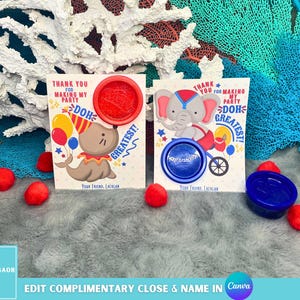 Afdrukbaar carnaval verjaardagsfeestje speeldeeg cadeaubon gunst, playdoh-houders circusthema thema, feestzakjes zonder snoep