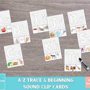 Tarjetas con clip para trazar letras de la A a la Z y sonidos iniciales, sonidos de letras para imprimir, recurso para la educación en el hogar, práctica de fonética, actividad de alfabetización temprana