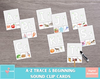 Letter Trace & Beginning Sounds Clip Cards: A-Z Phonics (Digital Download)
