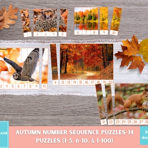 May include: A set of 14 printable autumn-themed number sequence puzzles. The puzzles feature images of a hedgehog, an owl, a squirrel, and a forest scene with a path. The puzzles are numbered 1-30. The text "AUTUMN NUMBER SEQUENCE PUZZLES-14" and "PUZZLES (1-5, 6-10, & 1-100)" is included in the image.