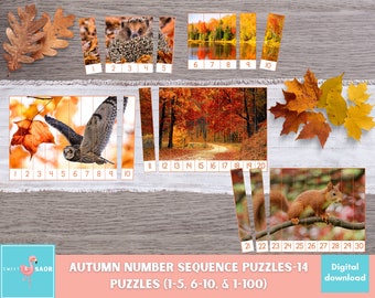 May include: A set of 14 printable autumn-themed number sequence puzzles. The puzzles feature images of a hedgehog, an owl, a squirrel, and a forest scene with a path. The puzzles are numbered 1-30. The text "AUTUMN NUMBER SEQUENCE PUZZLES-14" and "PUZZLES (1-5, 6-10, & 1-100)" is included in the image.