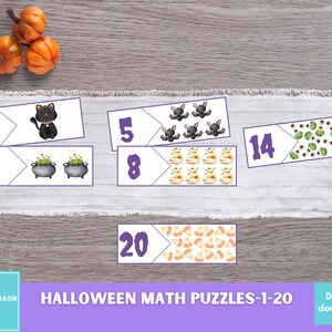 May include: Halloween math puzzles for kids.  The printable cards feature numbers 1-20 with a variety of Halloween themed images, including bats, cauldrons, candy corn, and pumpkins.