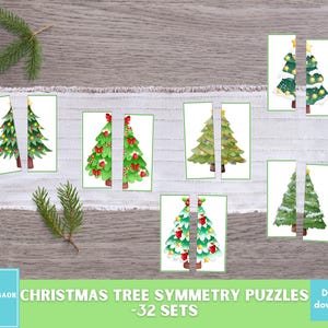 Puede incluir: Rompecabezas de simetría de árboles de Navidad. La imagen muestra varios conjuntos de rompecabezas de árboles de Navidad en acuarela, cada uno dividido por la mitad. Los árboles están decorados con adornos y luces. Se muestra el texto "CHRISTMAS TREE SYMMETRY PUZZLES -32 SETS".