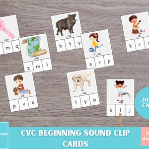 CVC-begingeluidsclipkaarten, phonics afdrukbaar, begingeluid afdrukbare activiteit, montessori roze serie phonics afdrukbaar