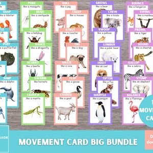May include: A set of 112 colorful movement cards featuring animals and actions. Each card has an illustration of an animal and a corresponding action, such as "Paddle like a turtle" or "Scurry like a beetle". The cards are designed to help children learn about different movements and animals.
