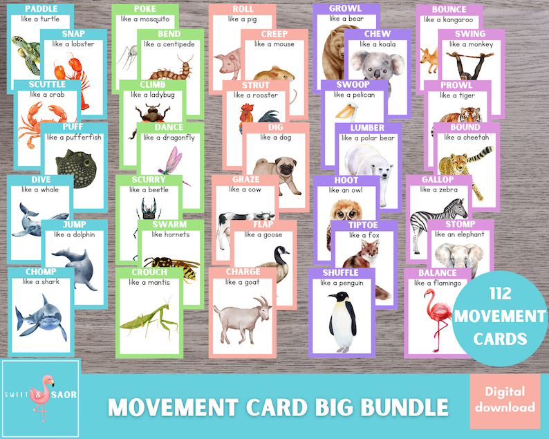 May include: A set of 112 colorful movement cards featuring animals and actions. Each card has an illustration of an animal and a corresponding action, such as "Paddle like a turtle" or "Scurry like a beetle". The cards are designed to help children learn about different movements and animals.