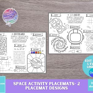 May include: Two printable space-themed activity placemats for kids. Each placemat features a different space-themed design with activities like a maze, word search, connect the dots, and coloring. The placemats are black and white and can be personalized with a name and event.