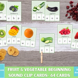 Cartões de clipe de som inicial de frutas e vegetais, impressão de fonética pré-escolar Montessori, cartões de clipe de sons de primeiras letras