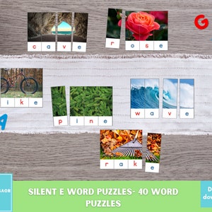 May include: A set of 40 printable silent e word puzzles for kids. Each puzzle features a picture and a set of letter tiles to spell the word. The words include bike, cave, rose, wave, pine, and rake.