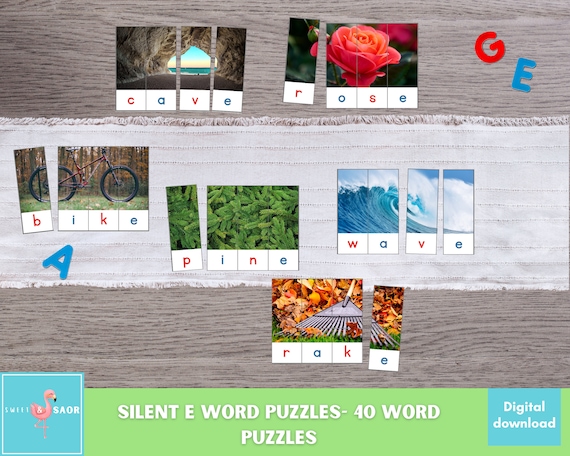 Rompecabezas de palabras con imágenes de la letra E silenciosa