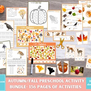 May include: A set of 156 printable autumn-themed preschool activity pages. The pages feature a variety of activities, including dot-to-dot, letter tracing, number recognition, and I Spy games. The pages are illustrated with colourful images of pumpkins, leaves, acorns, and other autumnal elements.