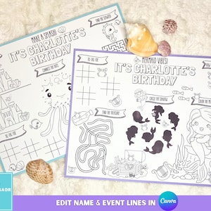 May include: Two activity sheets with a mermaid theme, featuring the text "It's Charlotte's Birthday". One sheet has an octopus and castle illustrations, the other has a mermaid and treasure chest. Seashells are placed near the sheets.