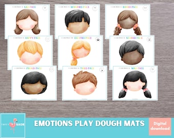 Könnte beinhalten: Ein Set von neun Emotions-Knetmatten. Jede Matte zeigt ein anderes illustriertes Gesicht mit verschiedenen Frisuren und Ausdrücken, wie traurig, besorgt, glücklich, aufgeregt, ängstlich, stolz, müde und wütend. Die Matten sind mit dem Satz "Ich kann ein... Gesicht machen" beschriftet.