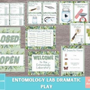 May include: A set of printable signs for an entomology lab dramatic play. The signs feature a green and white leafy background with a variety of insects. The signs include "Closed", "Open", "Welcome to the Entomology Laboratory", "Entomology Lab Hours", "All Insects Have", "Observation Report", "Magnifying Glasses", "Tweezers", "Collection Jars", "Safety Glasses", "Collection Station", "Measurement Station", "Observation Station", and "Classification Station".