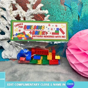 May include: A clear plastic bag filled with colorful toy building blocks. The bag has a green label that reads "Thanks for Building Brick Birthday Memories with Me!" The background includes coral and a pink paper decoration.