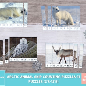 Könnte beinhalten: Arktische Tier-Springzählpuzzles für Kinder. Die Puzzles zeigen einen Eisbären, einen Polarfuchs, eine Schnee-Eule und ein Rentier. Die Puzzles sind so konzipiert, dass Kinder lernen, in 2er-, 3er-, 4er-, 5er-, 6er-, 8er-, 10er- und 12er-Schritten zu zählen.