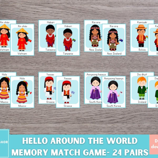 Hello Around the World Memory Game, Multicultural Language Activity, Memory Matching Activity, Educational Printable, Homeschool Resource