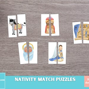 May include: A set of printable Nativity scene match puzzles. The puzzles feature a donkey, a map, Mary, Joseph, and the baby Jesus. The puzzles are designed to be cut out and assembled.