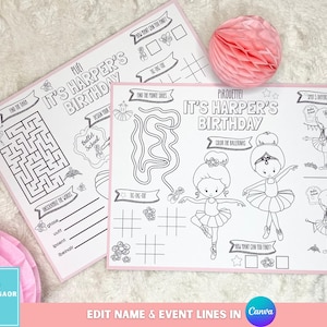 May include: A printable coloring page set for a birthday party with the text "It's Harper's Birthday". The set includes a maze, a word scramble, a connect-the-dots, a find-the-differences, and a color-the-ballerinas activity.