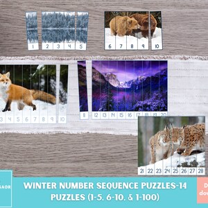 Puede incluir: Un conjunto de 14 rompecabezas de secuencia numérica de invierno imprimibles. Los rompecabezas presentan imágenes de un zorro, osos, montañas y linces en un entorno nevado. Los rompecabezas están diseñados para que los niños practiquen el reconocimiento de números y las habilidades de secuenciación.