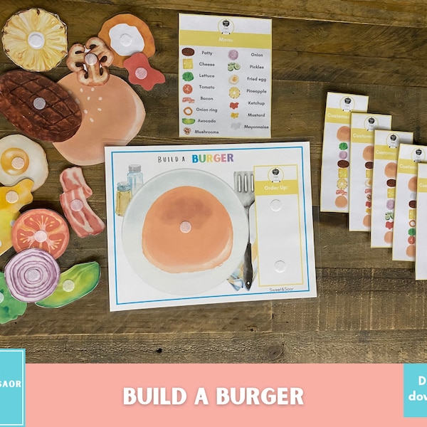 Build A Burger, Pretend Play, Preschool Printable, Kindergarten Printable, Preschool Activity, Dramatic Play, Role Play Set Kids, Preschool
