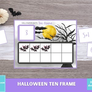 May include: A printable Halloween-themed ten frame activity with a black and white illustration of a tree, moon, and bats. The ten frame has three bats in it. There are three cards with math problems: 9, 5+1, and 6+3. The text "HALLOWEEN BATS Ten Frame" is at the top of the ten frame.