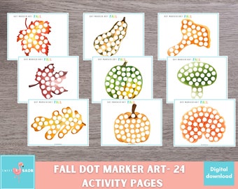 May include: A set of 8 printable autumn-themed dot marker art activity pages. Each page features a different autumn image, such as a leaf, pumpkin, and acorn, with circles to be filled in with dot markers.