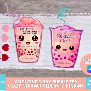 Puede incluir: Dos soportes de pajitas de té de burbujas imprimibles para el Día de San Valentín. El primer diseño presenta una taza de té de burbujas rosa con el texto "You're my best-tea!" y el segundo diseño presenta una taza de té de burbujas morada con el texto "You're a tea-riffic friend!"
