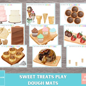 May include: A set of 10 printable play dough mats featuring various sweet treats, including cakes, cupcakes, ice cream cones, cinnamon rolls, dirt cake, and popsicles. Each mat includes a prompt for decorating the treat with play dough.