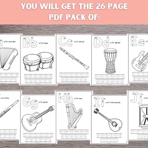 K&ouml;nnte beinhalten: Schwarz-wei&szlig;e druckbare Alphabet-&Uuml;bungsb&ouml;gen mit Musikinstrumenten. Jede Seite enth&auml;lt einen Buchstaben, den Namen des Instruments und eine gepunktete Linie zum Nachzeichnen des Buchstabens.